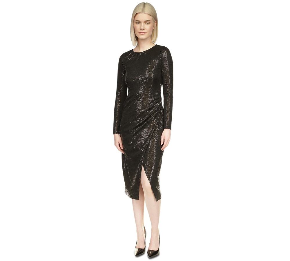 Michael Kors Cocktail Crewneck Long-Sleeve Metallic Midi Dress Black Large
